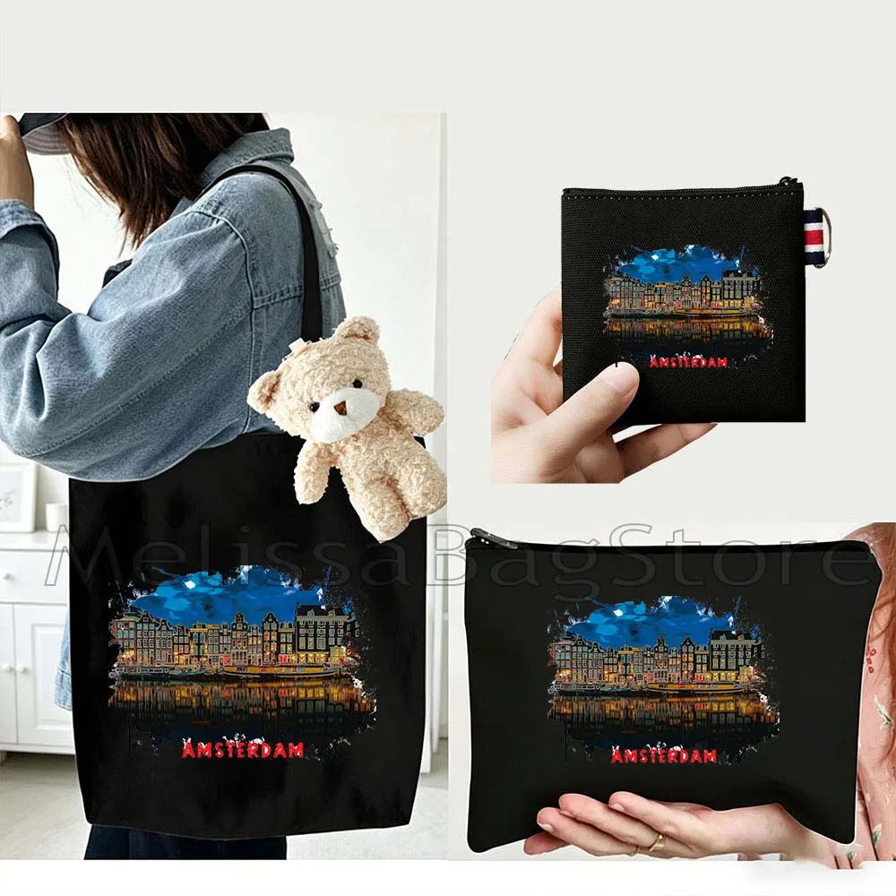 

4PCS Gift Set Amsterdam Netherlands Black Canvas Tote Bag Handbag with Doll Key Coin Purse Cosmetic Makeup Toilet Bag Case Pouch