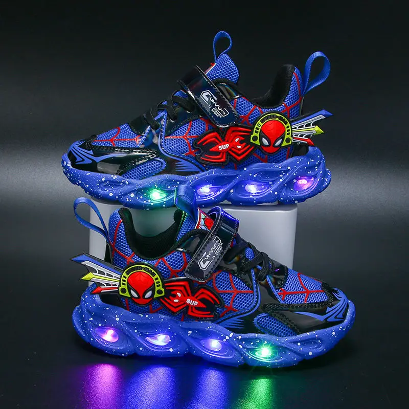 Disney Boys Shoes Cartoon LED Lights Spring Autumn Mesh Children\'s Sports Running Shoes Sneakers Blue Red Size 21-36