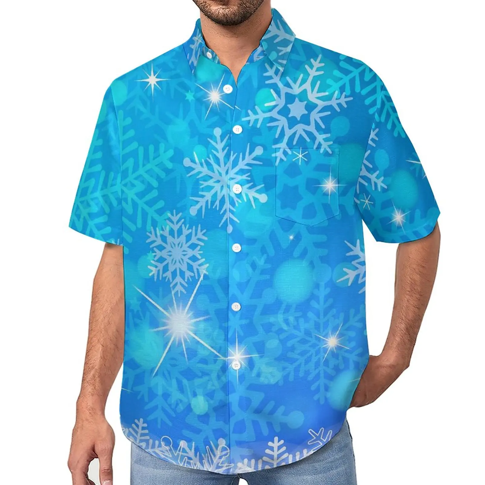 

Sparkle Snowflake Loose Shirt Men Beach Blue Print Casual Shirts Hawaii Printed Short Sleeve Streetwear Oversized Blouses