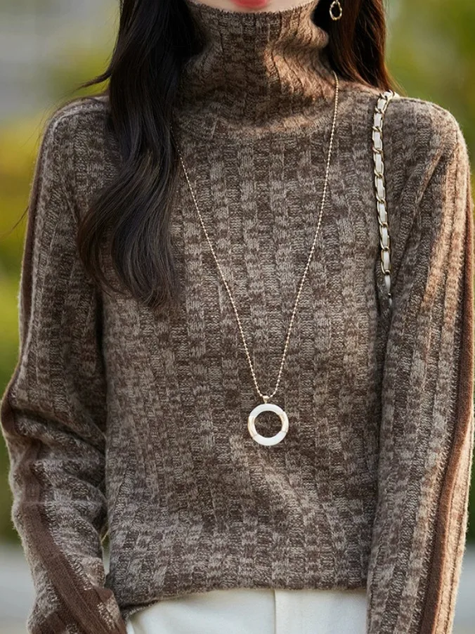 เสื้อสเวตเตอร์ถักคุณภาพสูงสำหรับผู้หญิง ใส่เป็นเสื้อตัวในได้ เหมาะสำหรับฤดูใบไม้ร่วงและฤดูหนาว รุ่นใหม่ล่าสุด ทรงเข้ารูป ผ้าผสมเนื้อนุ่ม แขนยาว คอสูง