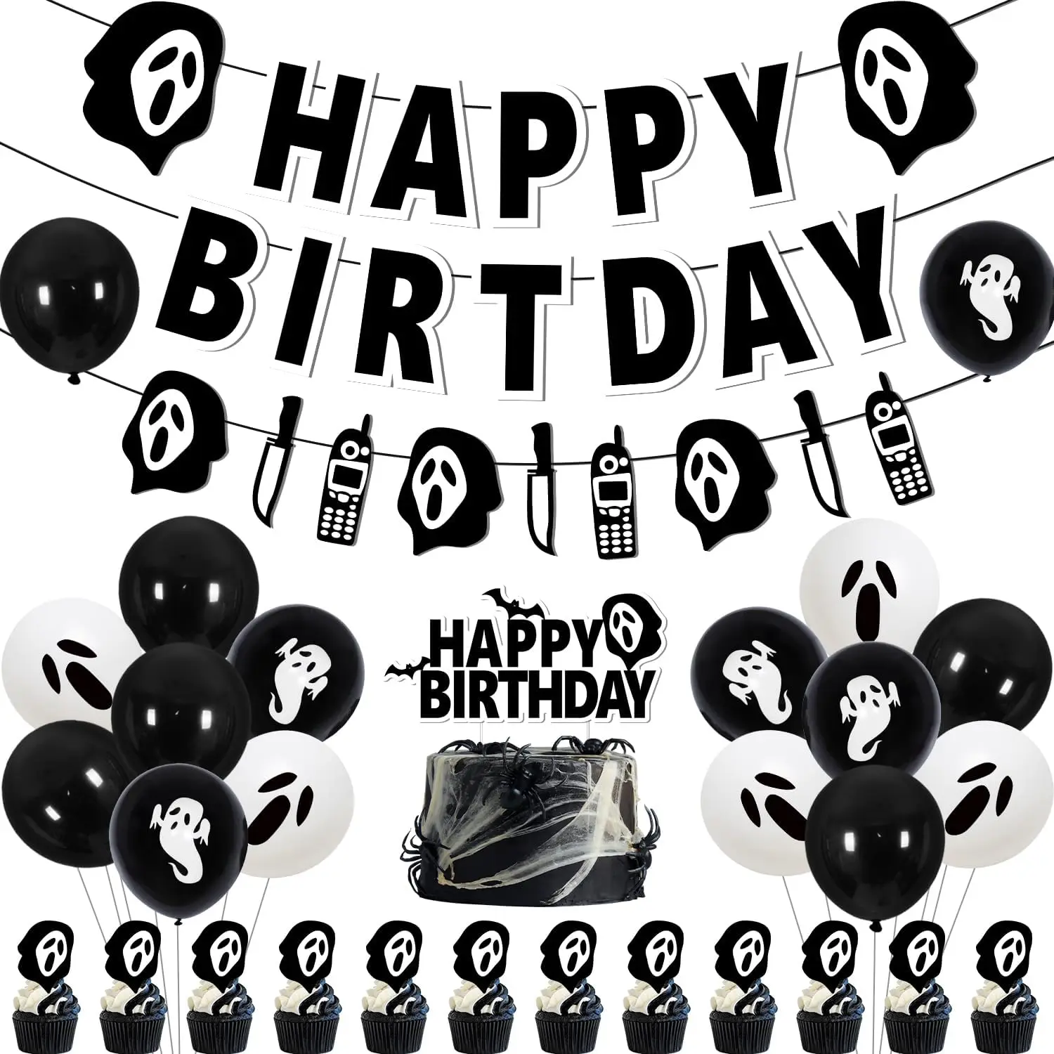 Funmemoir Halloween Horrors Movie Birthday Party Happy Birthday Banner Ghost Cupcake Toppers Latex Balloons Party Decor Supplies