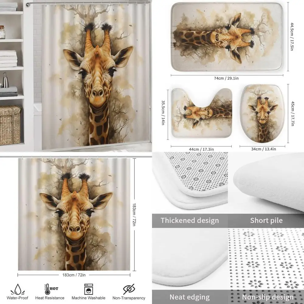 

Vintage Giraffe Watercolor Shower Curtain Set with Rug, Lid Cover, Bath Mat, and Hooks for Bathroom Decor