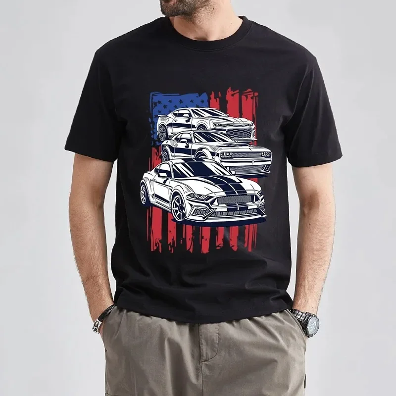 Short Sleeve American Crew Boy Casual White Tees Cool Tops for men Mustang Challenger Car Print T-Shirt New Summer Men