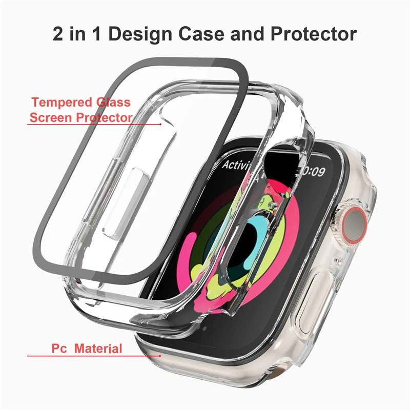 Vidro temperado + capa para apple watch 9 8 41mm 45mm 42mm 38mm pc protetor de tela pára-choques caso iwatch série 7 6 5 4 se 40mm 44mm