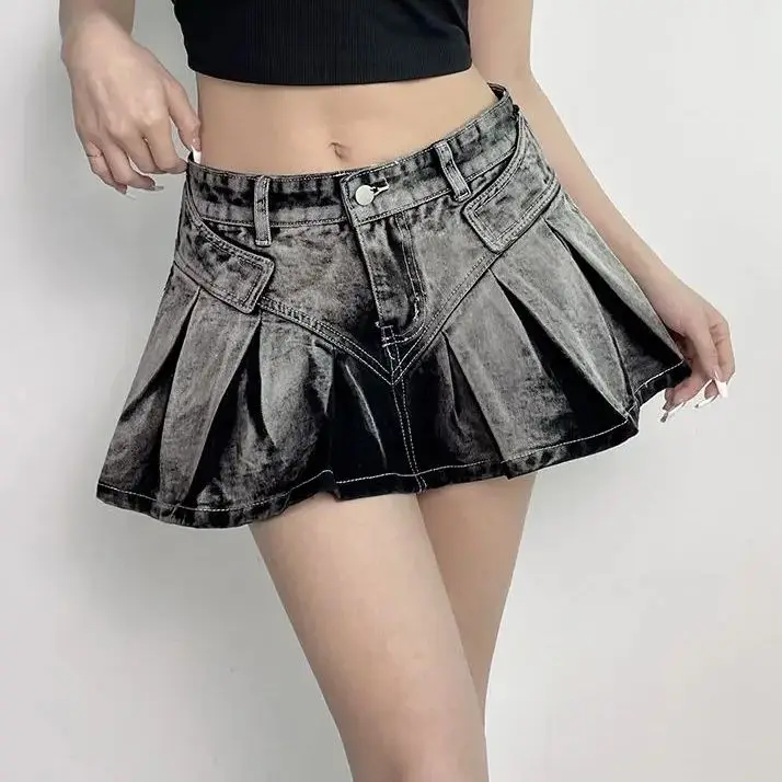 Short Mini Skirt Washed Grey Gradient Pleated Super Women'S Denim Skirt A-Line High Waist 2024 Summer New Fashion