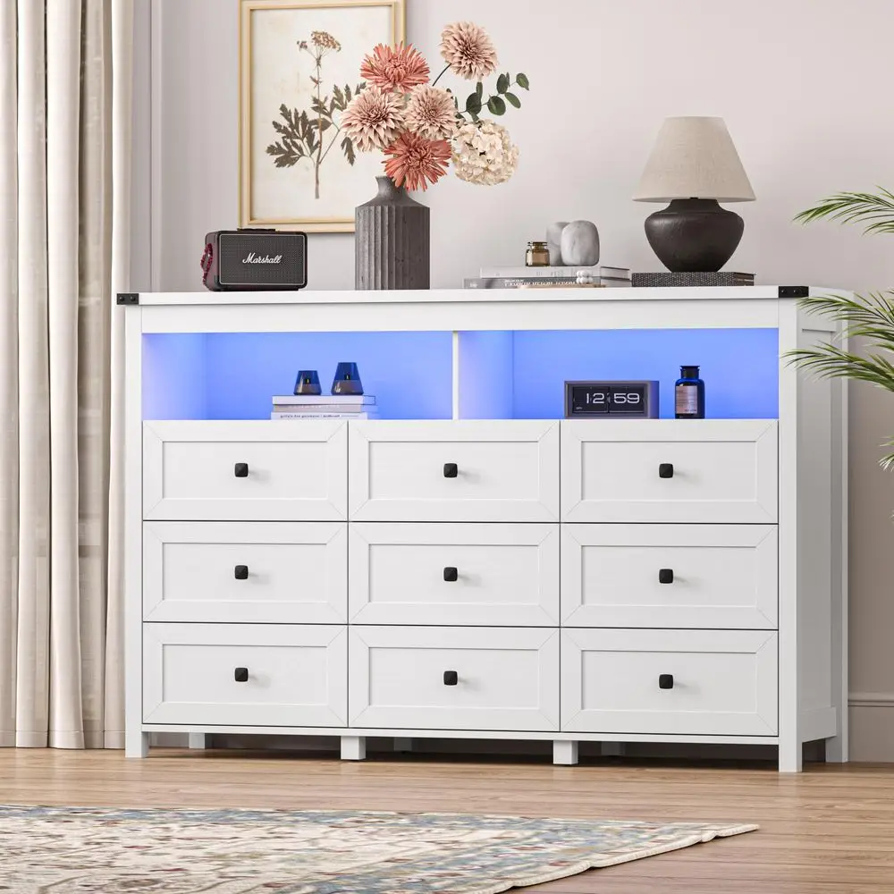 

for Bedroom with 9 Drawers, Wide Modern Chest of Drawers with LED Light and Power Outlet, Wooden Closet Organizer Clothes Stora