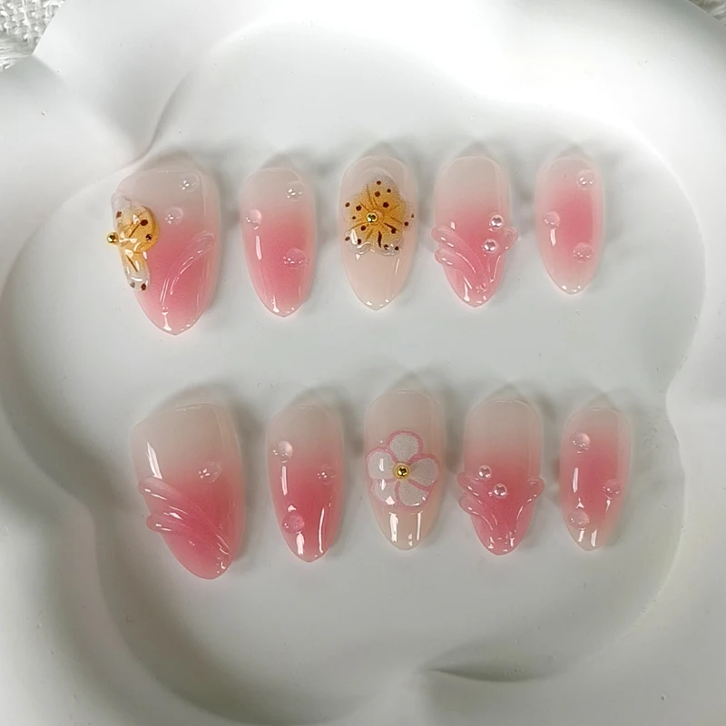 10 Stück 3D-Blumen mit Perlen, kurze, mandelförmige, tragbare Nagelkunst, hochwertige Leopardenmuster, französische Nagelaufkleber, Press-on-Nägel – Detail 7