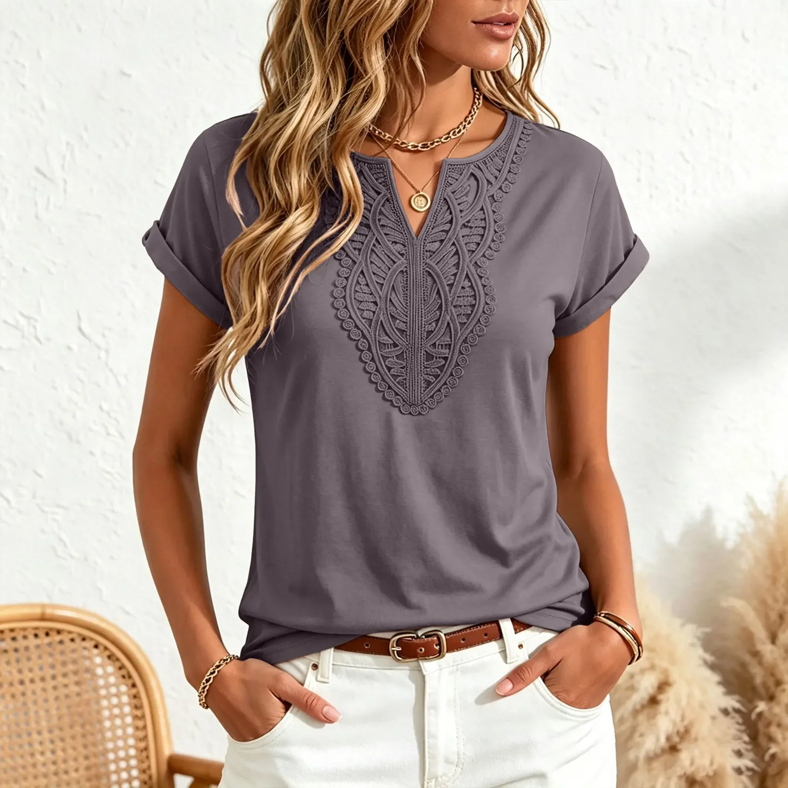 

2026 Summer Women's Lace Blouse Summer Short Sleeve V-Neck Tops Ladies Solid Casual Blouses Casual Loose Elegant Shirts Blusas