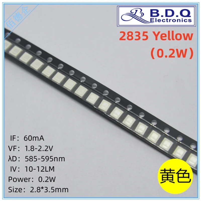 100Pcs SMD LED 2835 0.2W Yellow 585-595nm LED Lamp Beads  Size 2835 Light-emitting Diode High Bright Quality