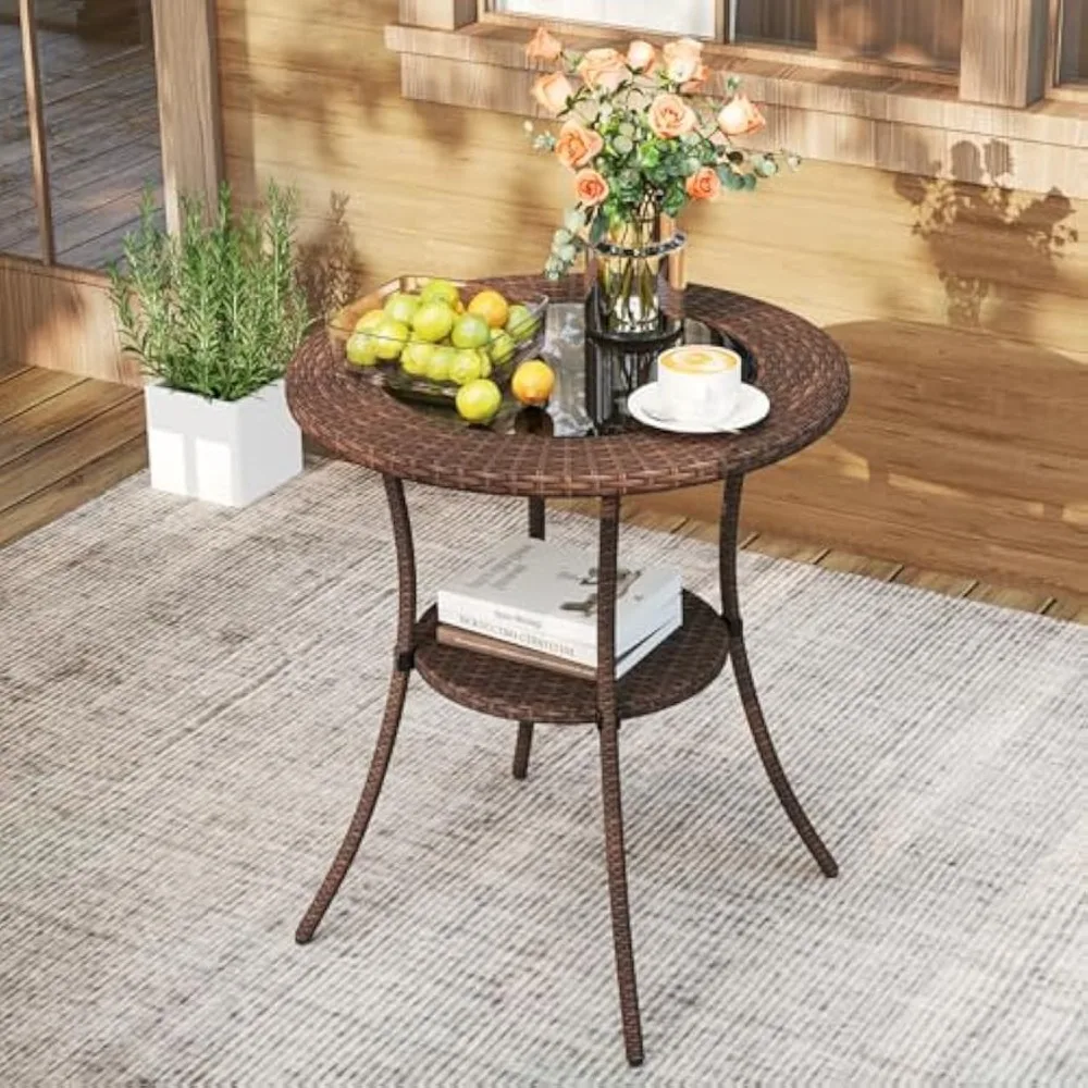 25.5" Wicker Patio Dining Table, Outdoor Round Bistro Side Table with Tempered Glass Top and Storage Shelf,