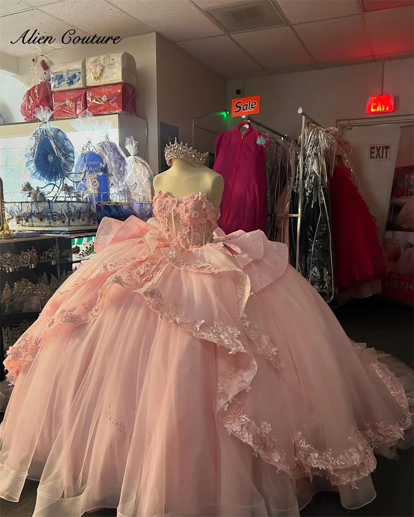 

Cute Pink Princess Ball Gown Quinceañera Dresses Puffy Beads Flower Appliques Pearls Birthday Party For 15th Girls Customized
