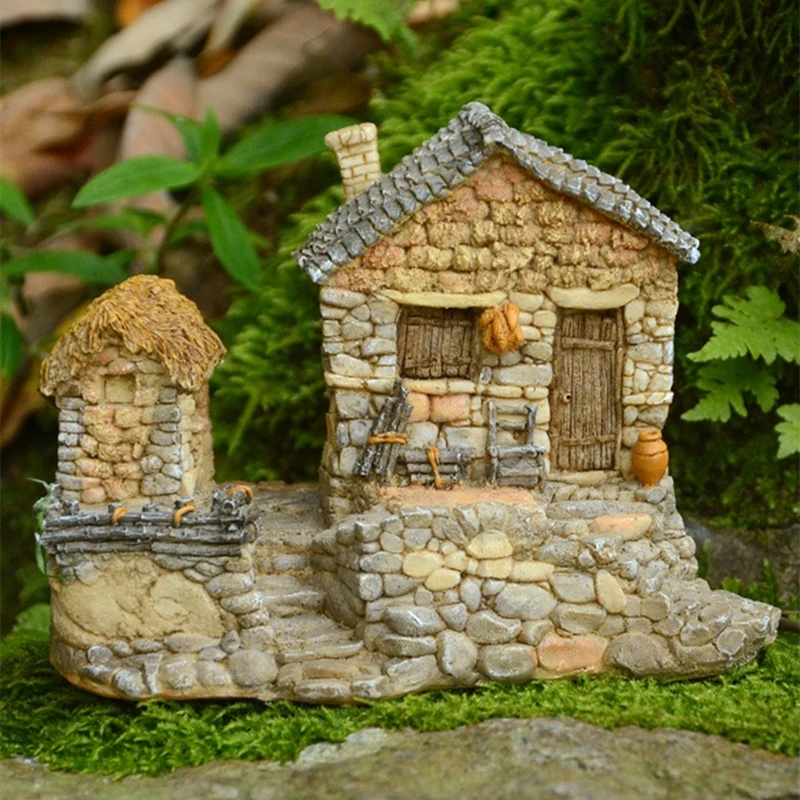 Miniature Thatched Cottage House Statue Fairy Garden Landscape Outdoor Lawn Decorative Villa Ornament Flowerpot Accessories