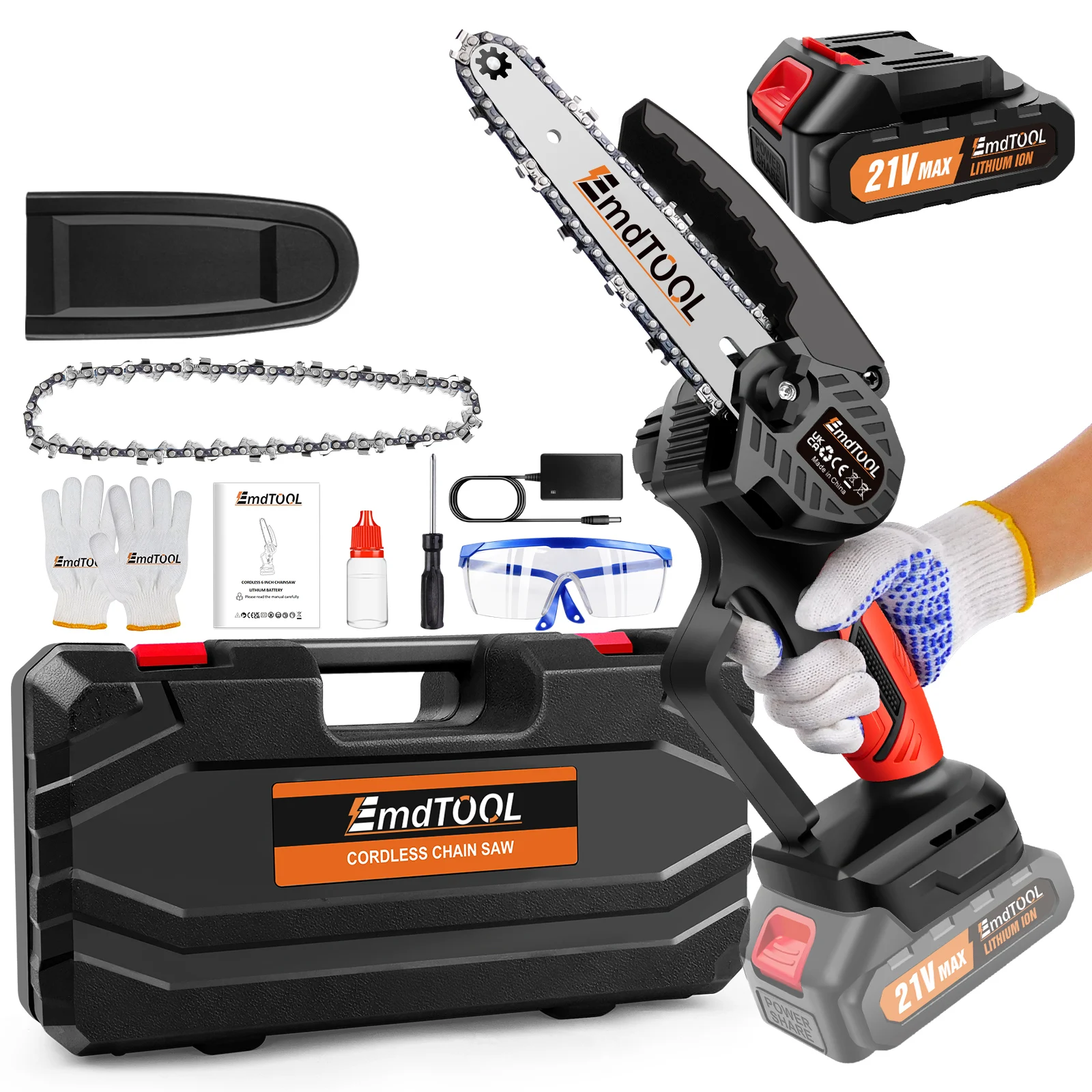 700W 21V Akku-Kettensäge 6 Zoll, 1,5Ah Akku, Reinkupfermotor, 3500 U/min, 2 X Legierungsstahlketten, zum Schneiden und Beschneiden – Detail 10