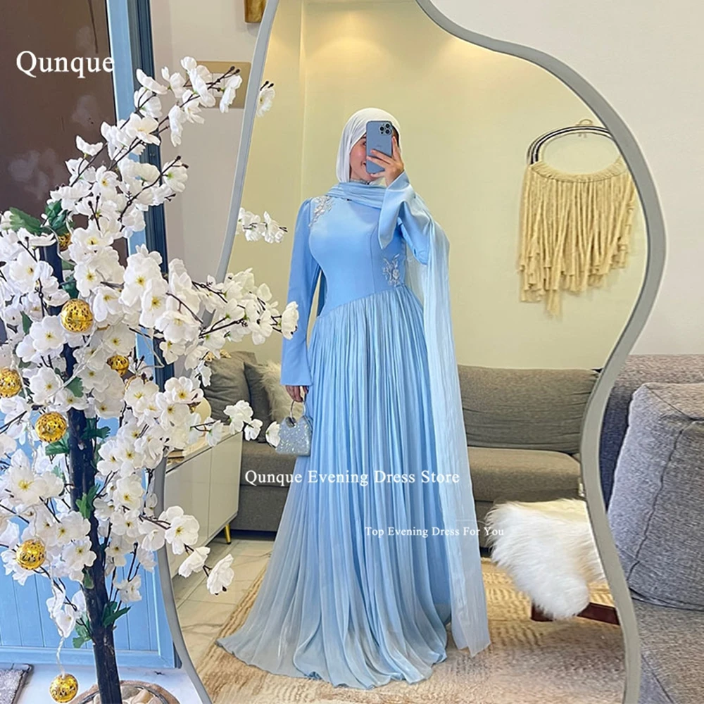 

Qunque Muslim A Line Formal Dresses Pleat Evening Gown for Woman Delicate Appliques Flowers Party Dress Robe De Bal Customized