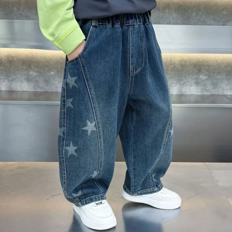 Printed Denim Jeans Boys Spring Vintage Washed Casual Pants Cool Streetwear Kids Trousers