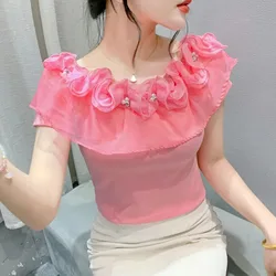 Three-Dimensional Flower-Off-The-Shoulder Short-Sleeved T-Shirt Top Female 2024 Summer New High-Grade Slim And Comfortable Shirt