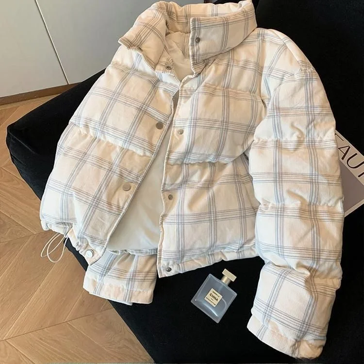 

Thiened Corduroy Plaid Stand Collar Cotton Jaet Women's Lazy Sle Casual Outerwear Winter New Arrival Warm Coat
