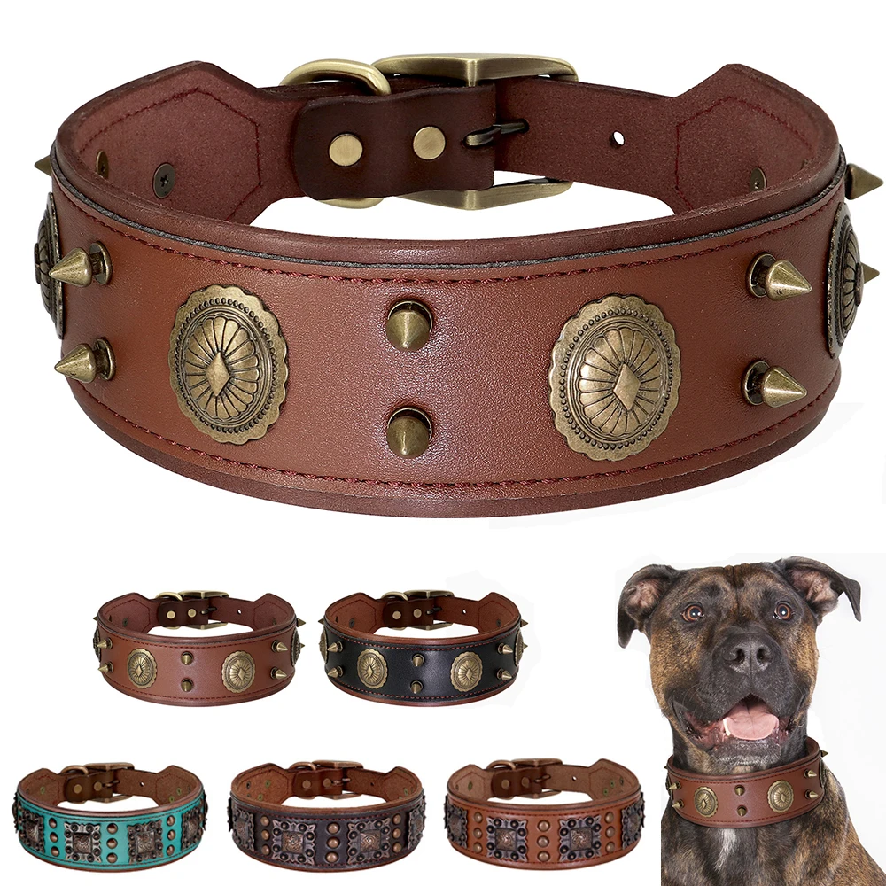 Durable Wide Dog Collar Luxury Real Leather Big Dog Collars Rivet Pet Necklace for Medium Large Dogs German Shepherd Training