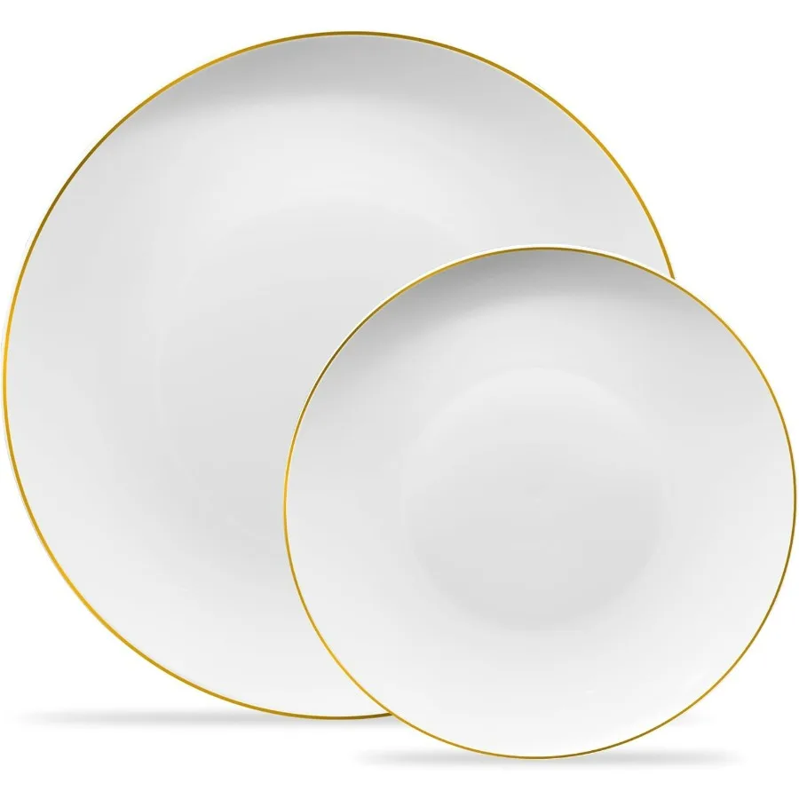 

White Plastic Design Party Plates Premium heavyweight Elegant Disposable Tableware Dishes (128, White Organic with Gold Rim)