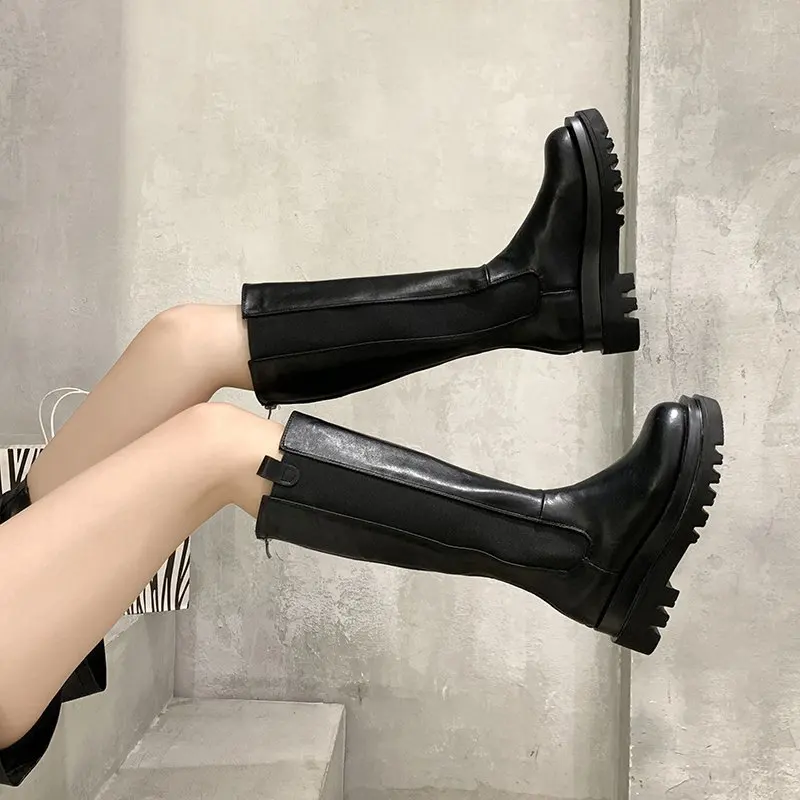 Fashion Woman's Platform Zipper Spring Autumn PU Leather Non-slip Knee High Luxury Designer Casual Women Chunky Long Black Boots