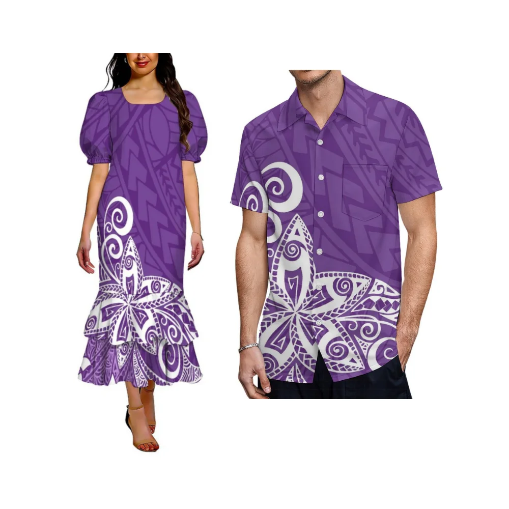 

Высококачественный парный комплект: женское платье-халтер в полинезийском стиле с цветочным принтом, пышными рукавами и двойными складками