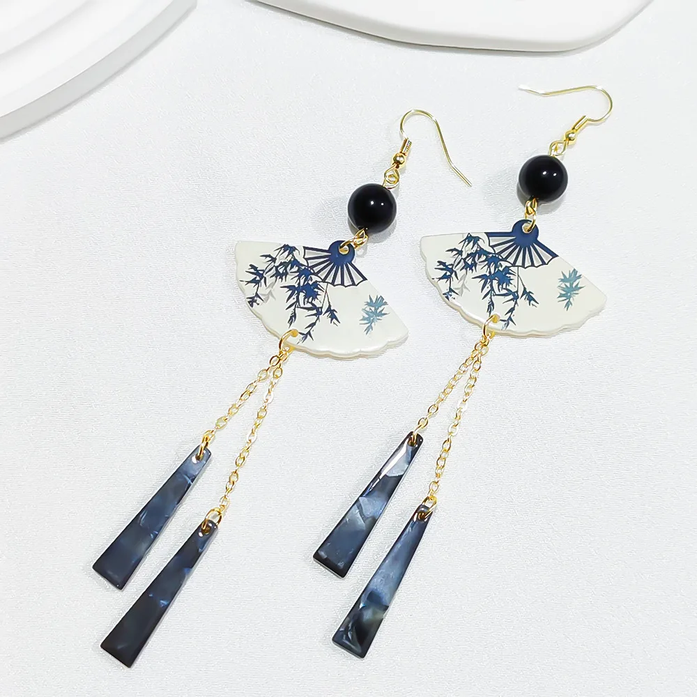 

New Chinese Style Fan Resin Tassel Earrings for Women Fashion Trend Ear Hook Temperament National Style Jewelry Female Gift