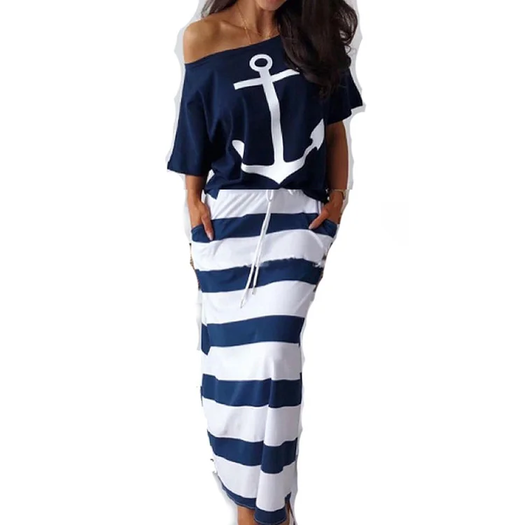 Elegant Women\'s Casual Boat Anchor Print Short Sleeve T-shirt+Skirt Two Piece Set Fashion Summer Tracksuit Skirts Sets For Women