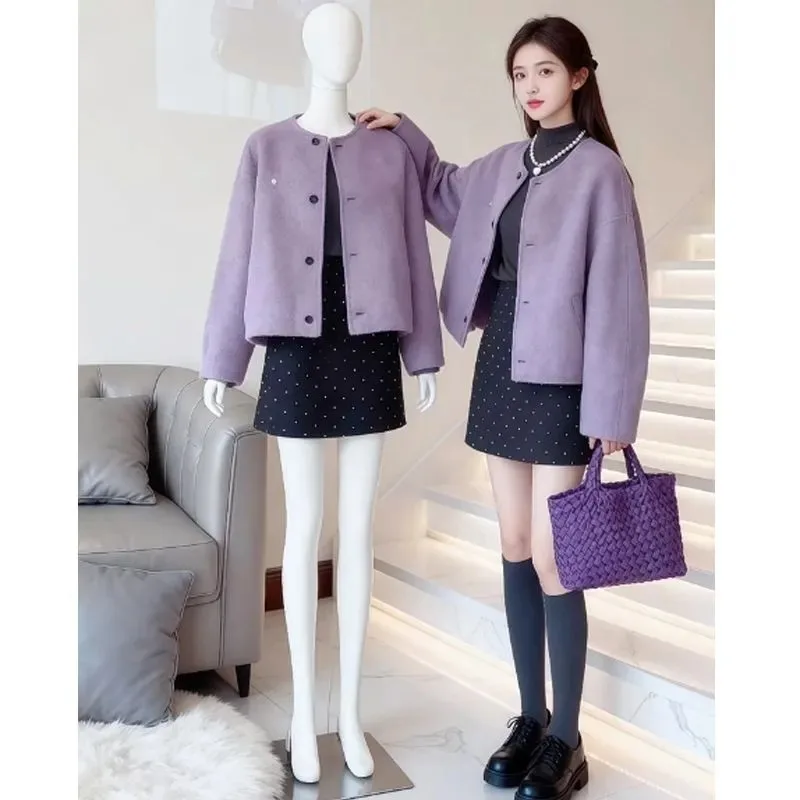

Женские весенне-осенние изящные фиолетовые тонкие пальто, мини-юбки в горошек, комплект из двух предметов, женские корейские топы с круглым вырезом, юбка, наряды 2025
