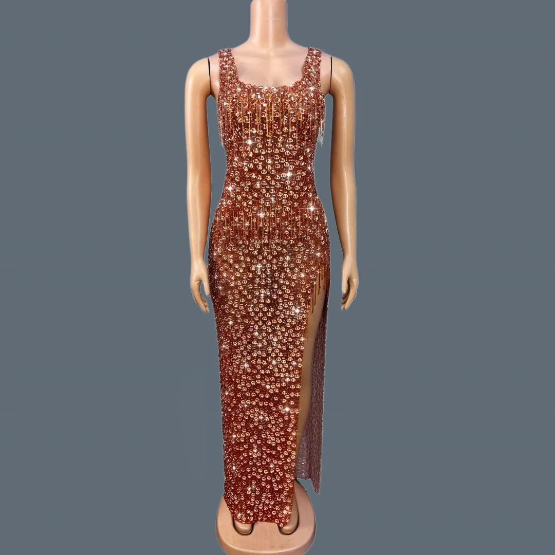 

Sparkly Rose Gold Crystals Fringe Maxi Dress Women Sleeveless High Slit Stage Performance Nightclub Party Evening Gown Ganjuqun