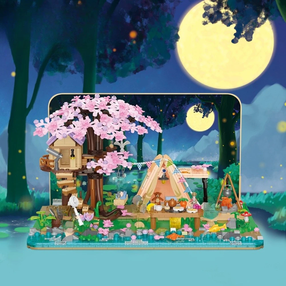 MOC التخييم شاطئ البحر عطلة اللبنات مجموعة شاطئ البرية فيلا شجرة البيت مع ضوء لتقوم بها بنفسك لعب للأطفال هدية عيد #1