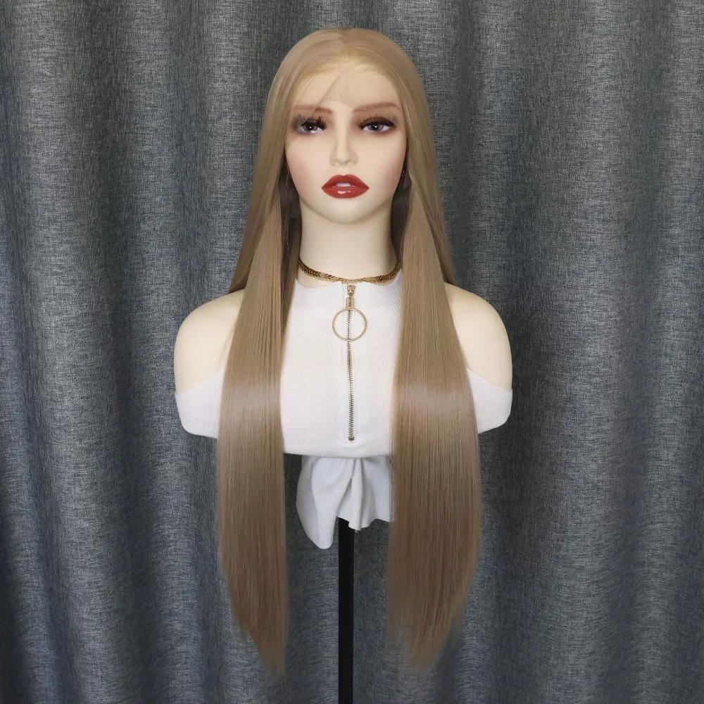 Fashion 13x6 renda depan pasir warna emas sintetis halus lurus Wig panjang untuk wanita bagian tengah Wig kualitas tinggi penggunaan sehari-hari