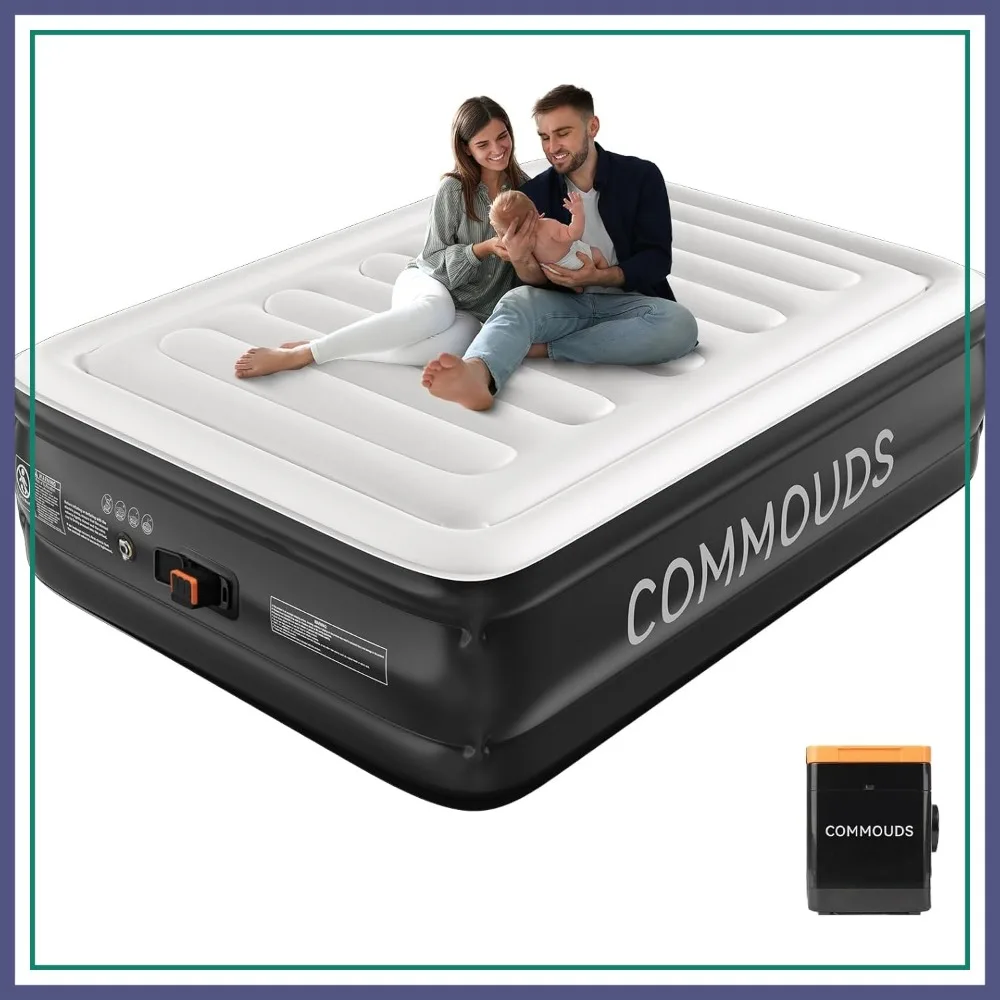 

Queen Air Mattress with Battery Pump, 18" Inflatable Bed for Camping & Guest