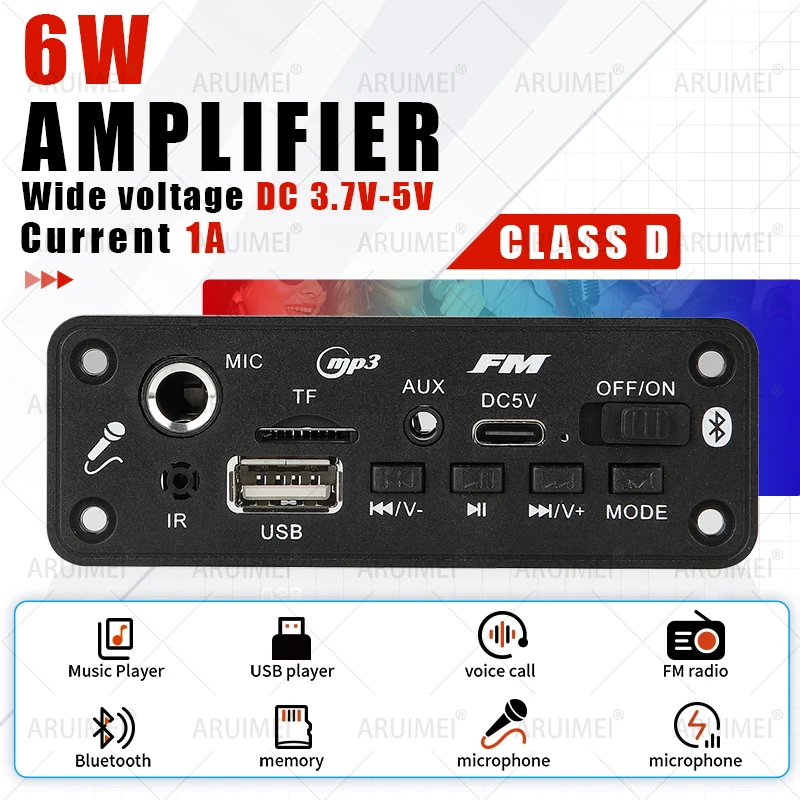 6W Bluetooth Amplifier MP3 Decoder Board Microphone Car Mp3 Player USB Record FM Radio AUX for Speaker Handsfree Audio DIY