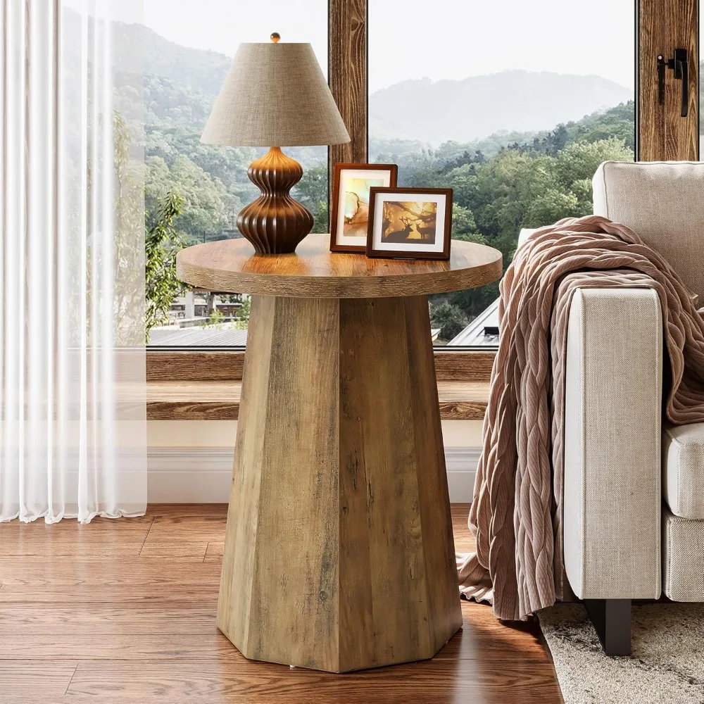 

Round Pedestal End Table, Farmhouse Couch Side Table with Octagonal Base, Nightstand Accent Wooden Drink Stand
