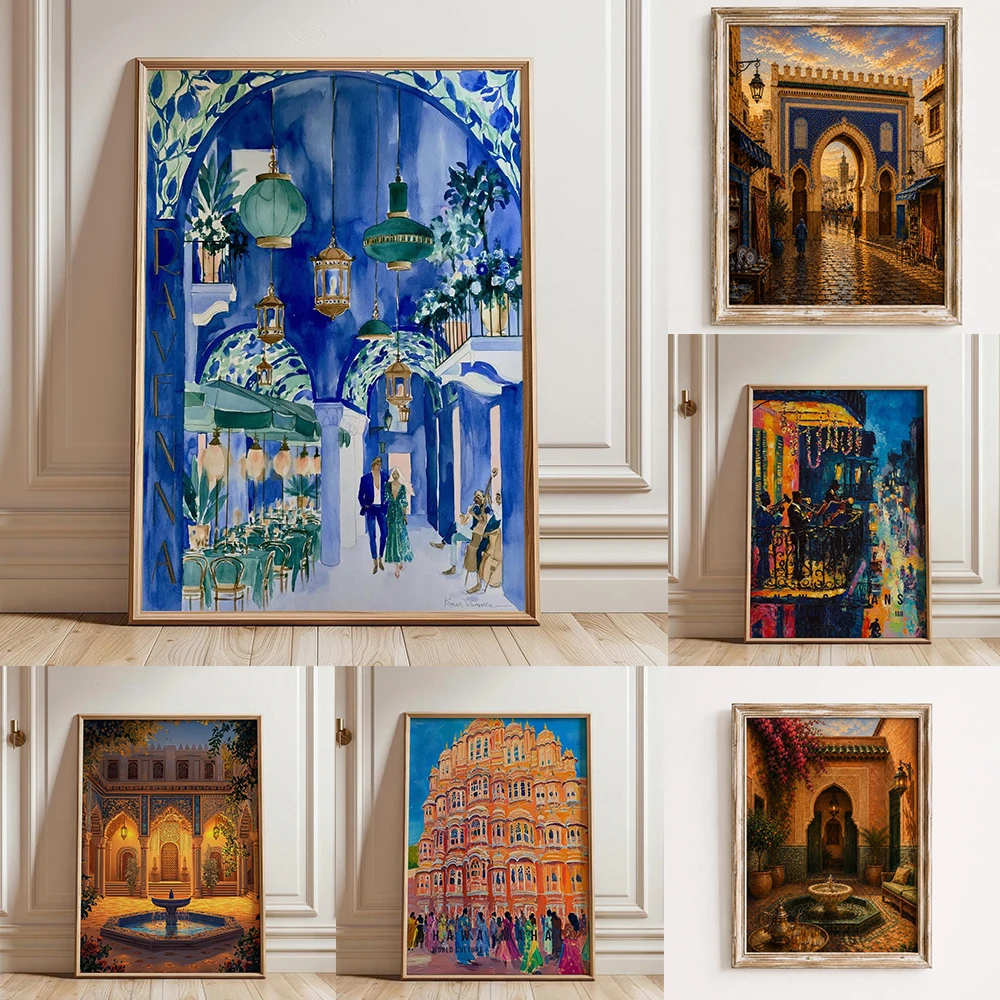 Moroccan Riad Wall Art Prints Chefchaouen Morocco Wall Art Poster Blue City Moroccan Canvas Painting Volubilis Ruins Landscape