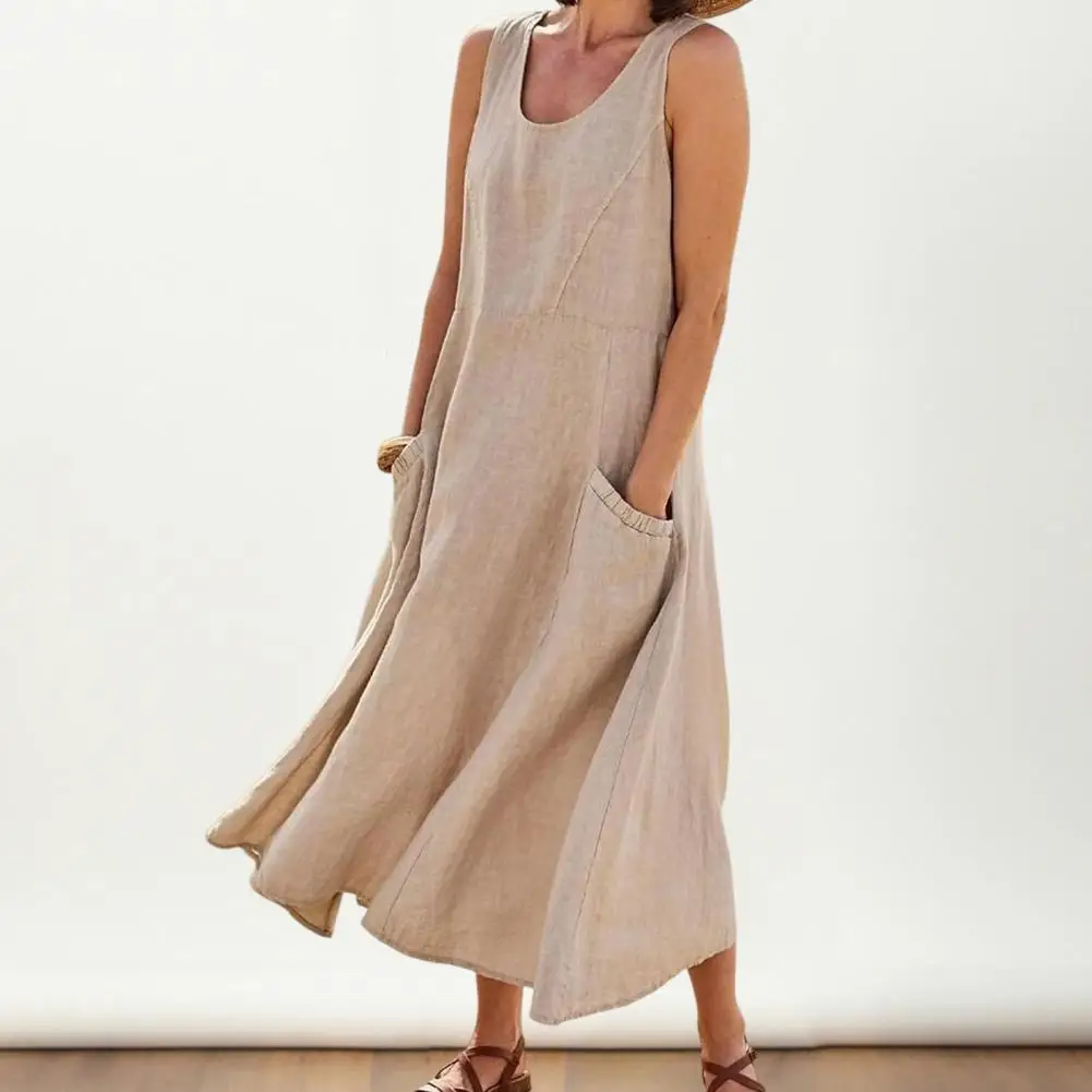 

Solid Color Long Dress Stylish Women's Summer Midi Dress with Pockets Soft Breathable A-line Sundress for Daily for Mid-calf