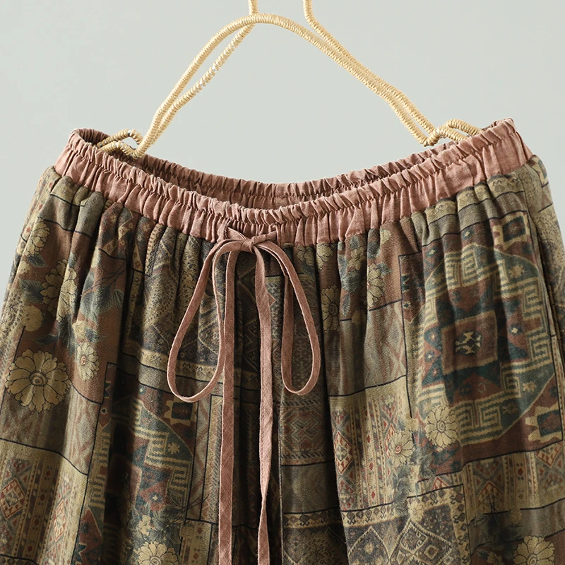 جديد خمر Waed القطن الكتان بنطال ذو قصة أرجل واسعة مرونة الخصر الدافئة السراويل الطويلة سراويل قطنية مرونة الخصر المطبوعة بنطلون