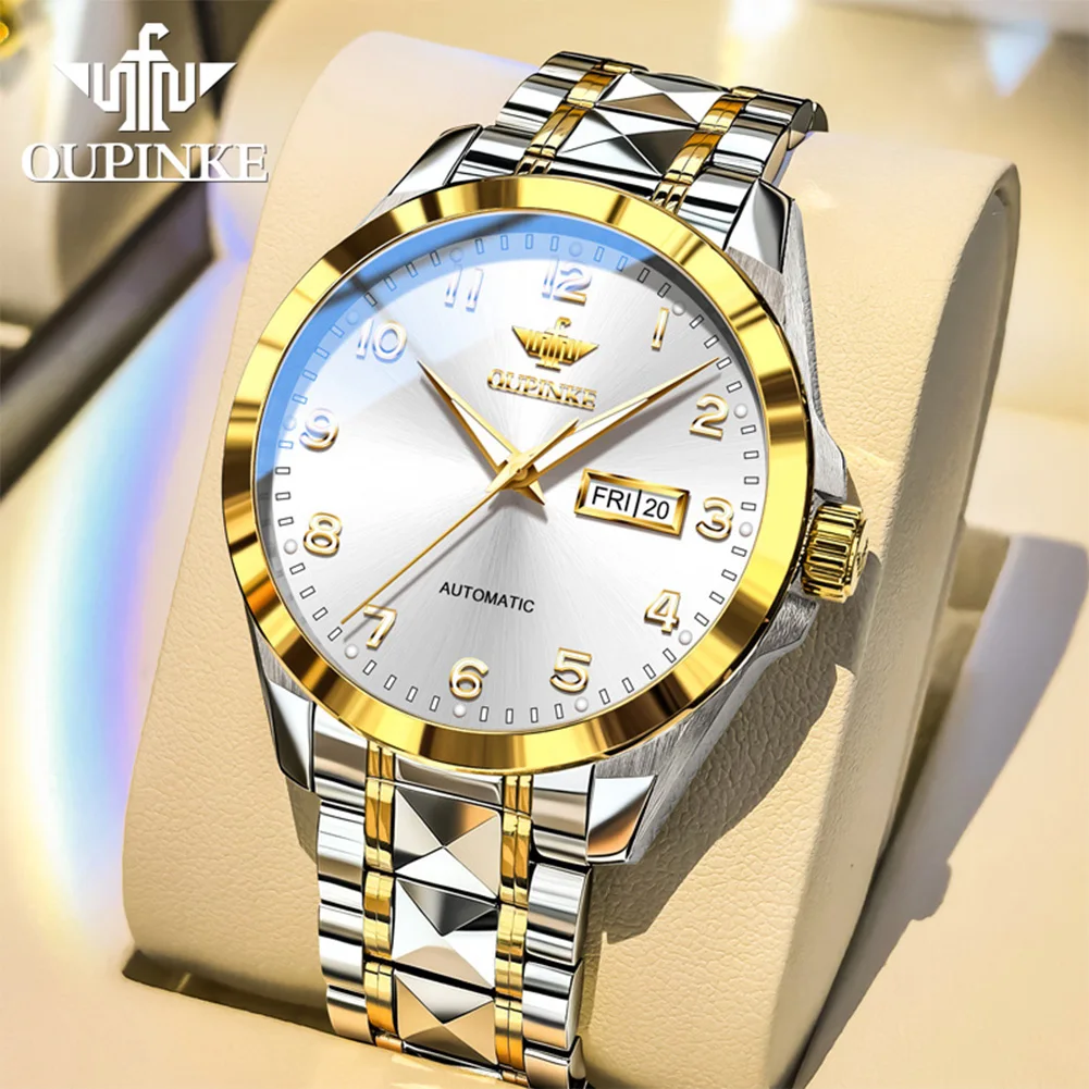 

OUPINKE 3323 Business Men's Automatic Watch Dual Calendar Display Tungsten Steel Luxury Mechanical Watch