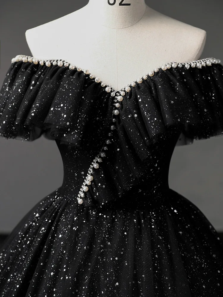 Customized Black Ball Gown Quinceanera Dresses Pearls Tulle Prom Birthday Party Gowns Formal Vestido De Anos 15