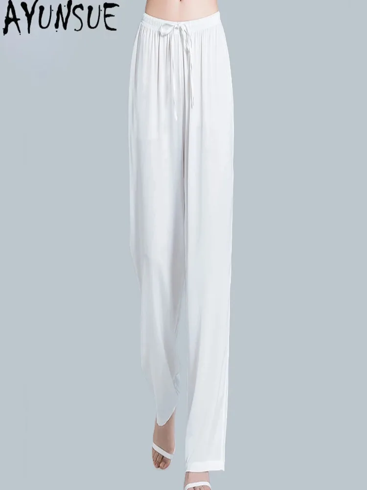 AYUNSUE High-end Silk Pants Women High Waist Summer White Thin Wide-leg Mulberry Loose Trousers Casual