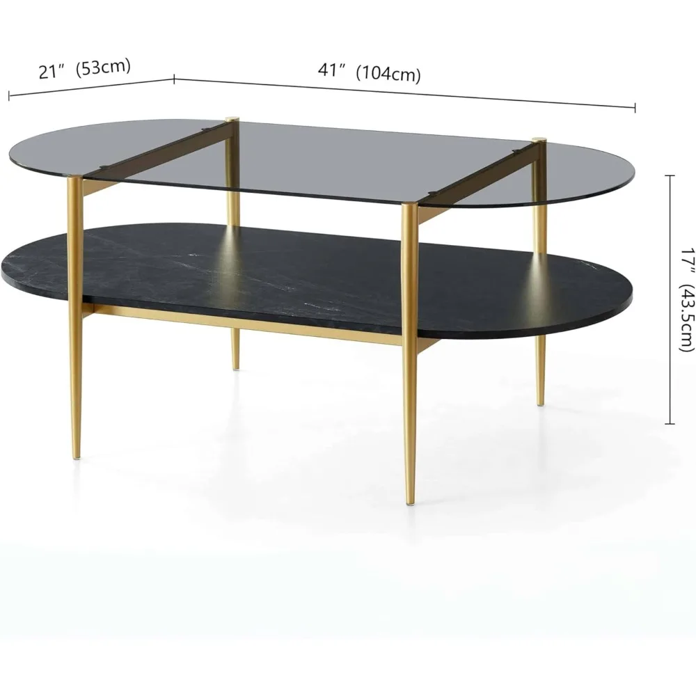 Mid-Century Oval Coffee Table with Grey Glass Top and Black Marble Base for Living Room, 41 Length x 21 Width x 17 Height