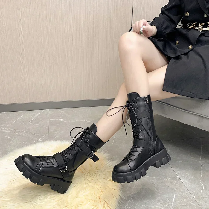 Spring Motorcycle Boots Women\'s Cosplay High Boots Long Tube Leather Knight Boot Punk Gothic Classic Black High Heel Shoes