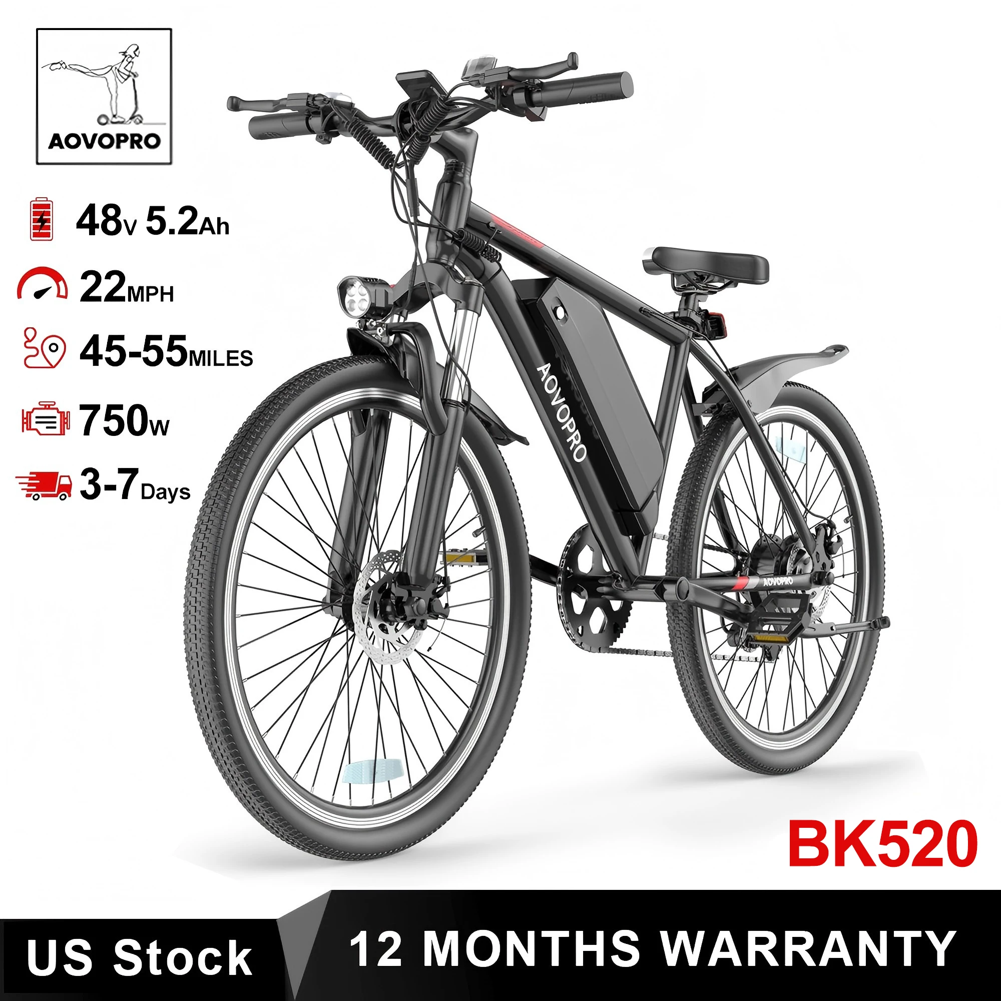 

AOVOPRO 26-дюймовый электрический велосипед, двигатель 750 Вт, 48 В, 5,2 Ач, аккумулятор, 22 миль в час, 7 режимов скорости, 45 миль, электрический велосипед дальнего действия для взрослых