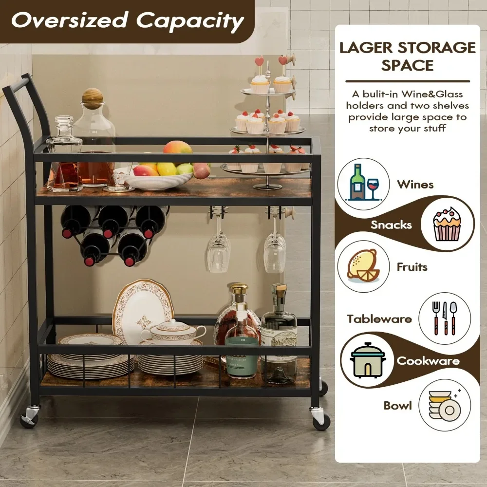 Home Industrial Mobile Bar Cart Serving Wine Cart Glass Holder 2 Wood Storage Shelves for Living Room Kitchen Party Black