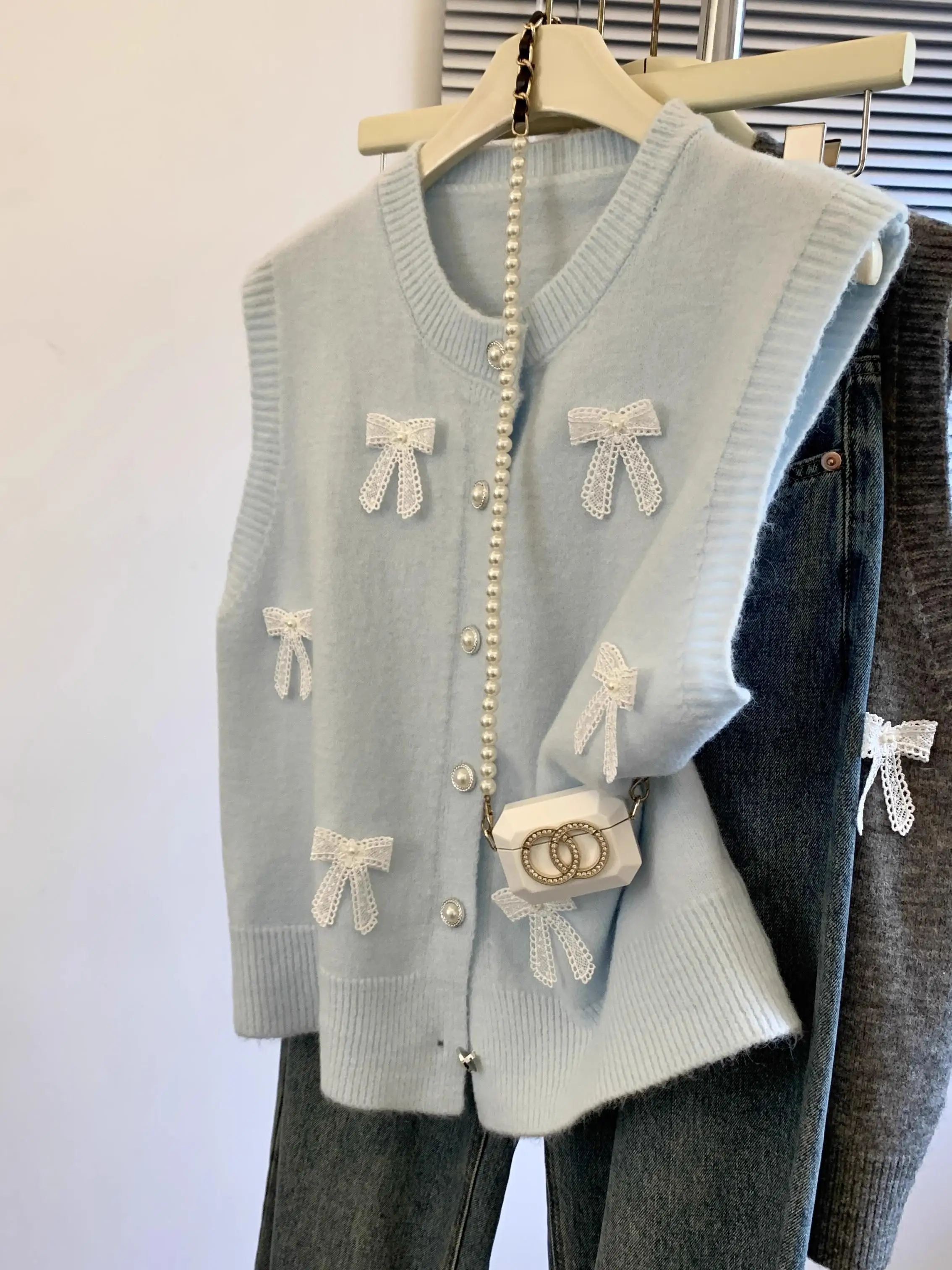 

Blue Bow Knitted Vest Sweater Women Spring 2025 Single Breasted Solid Cardigan Vest Elegant Round Neck Sleeveless Loose Top