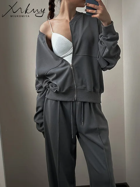 Szare Proste Spodnie Dwuczęściowe Zestawy Damskie Strój Długie Spodnie Dresowe Street Wear Kurtka Zipper Dresy Bluzy Zestawy Dla Kobiet