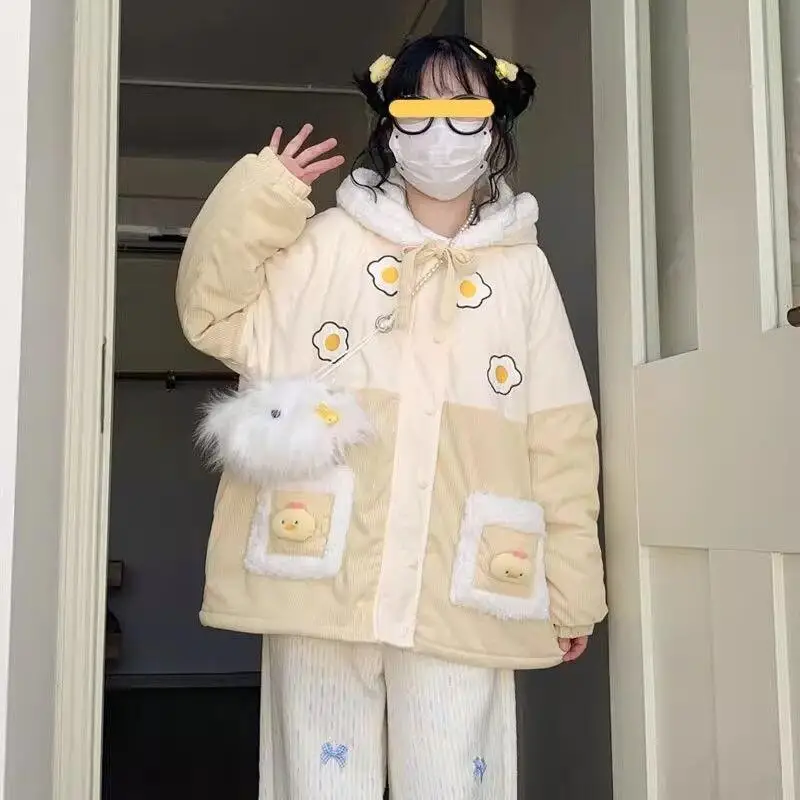 

Cotton Coat Women Winter Plush Cute Strawberry Japanese Soft Girl Rabbit Ears Student Corduroy Cotton Jacket Kawaii Fashion