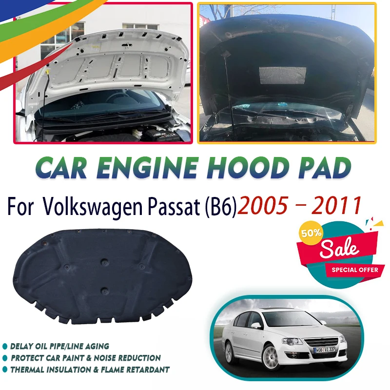 Car Front Engine Hood Pads For VW Volkswagen Passat B6 2005~2011 Fireproof Heat Shield Sound Engine Insulation Cover Accessories