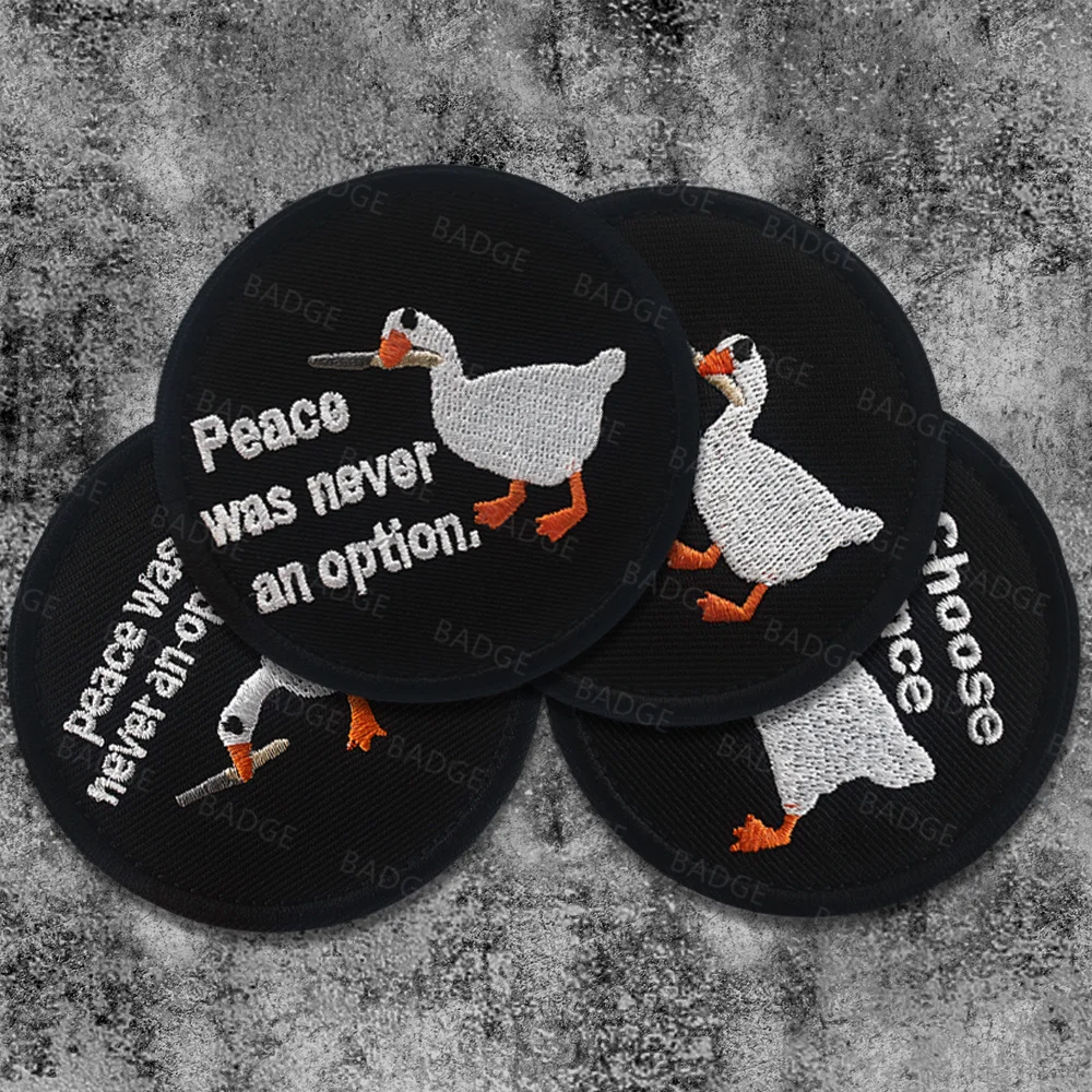 Peace was Never an Option Duck Patch- Embroidered Funny Emblem with Hook Fastener Backing, PVC Cute Duck Bite Knife Badge