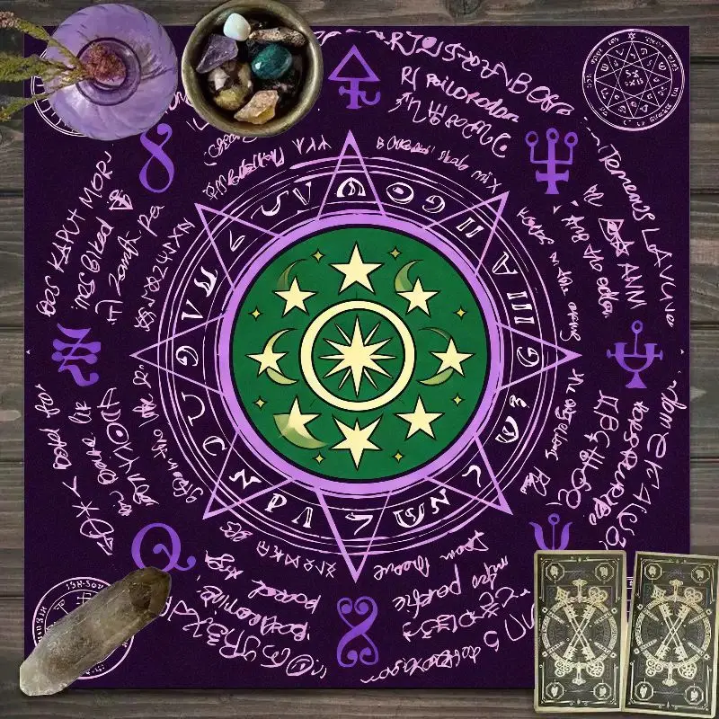 Nappe de Tarot VIKAMA Pentagramme Rune, Tapis d'Altar Wicca Violet Vert, Tapis de Divination Sorcière Magique Rituale